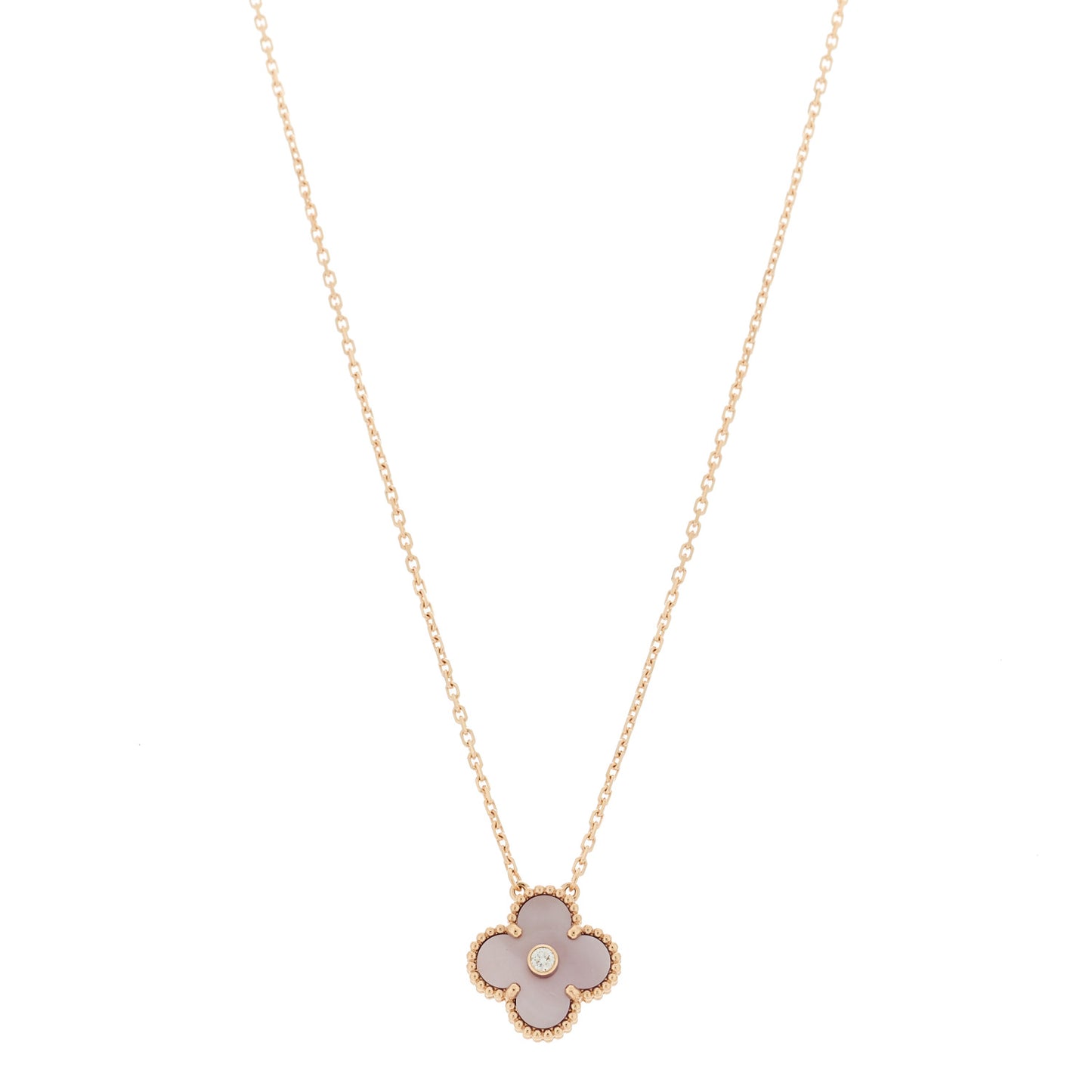 18K Rose Gold Diamond Pink Mother of Pearl Vintage Alhambra Pendant Necklace
