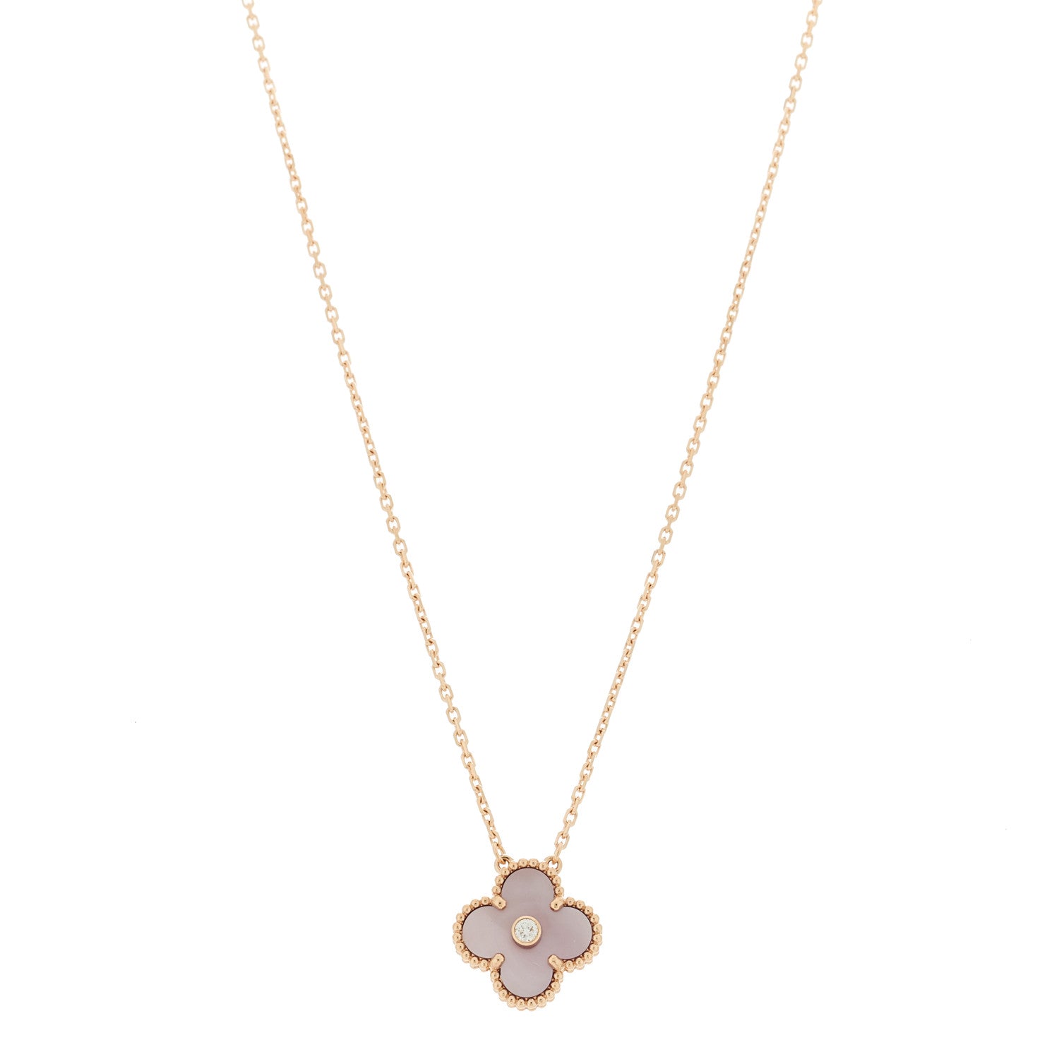 Van Cleef & Arpels 18K Rose Gold Diamond Pink Mother of Pearl Vintage Alhambra Pendant Necklace 1 of 6