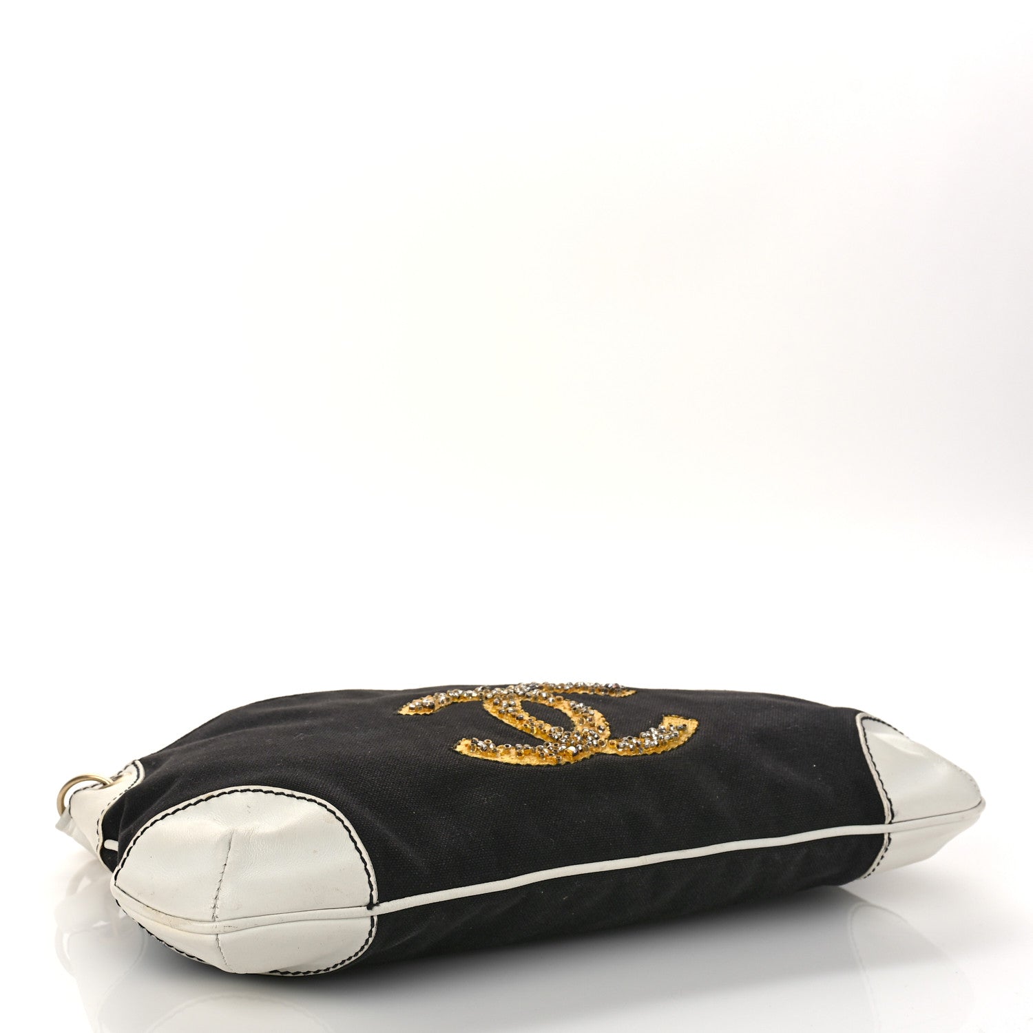 Chanel Lambskin Canvas Beaded CC Olsen Chain Small Shoulder Bag Black White 4 of 9