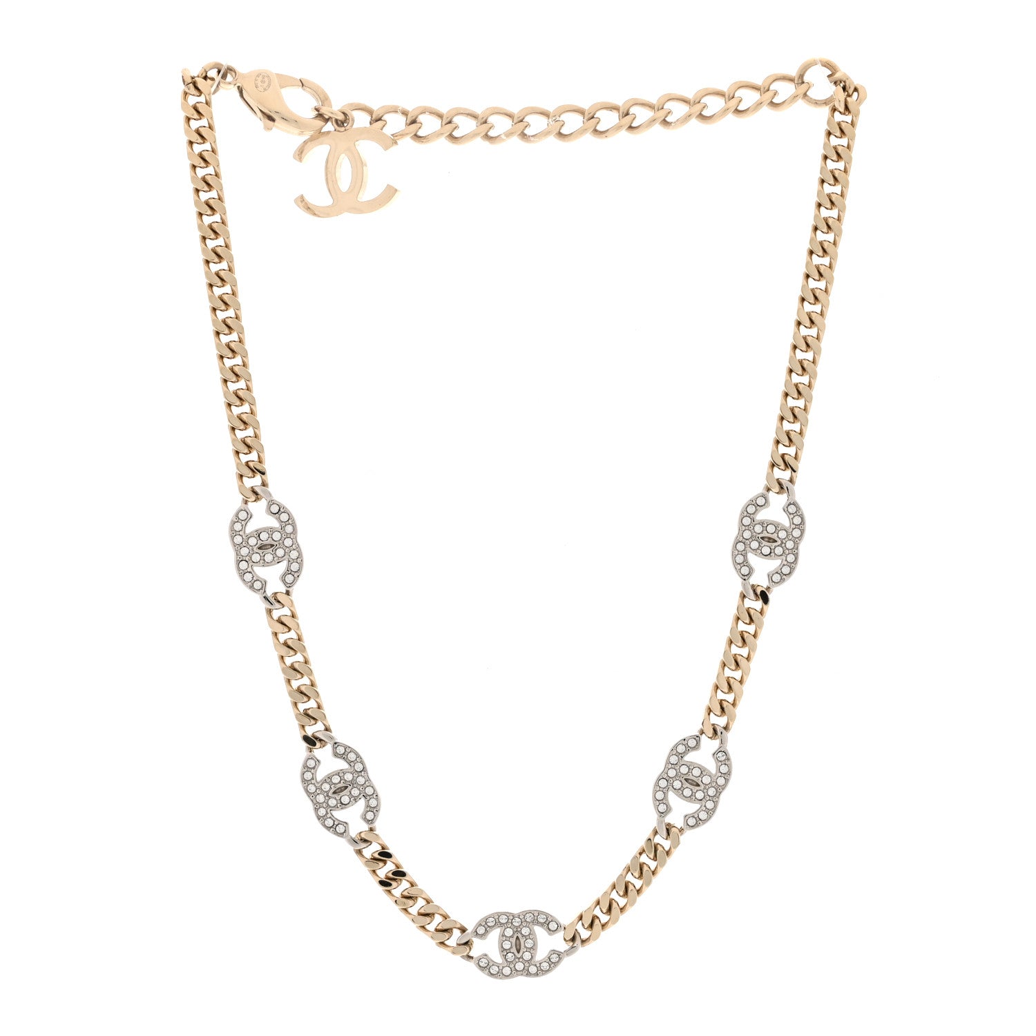 Chanel Crystal Chain CC Link Choker Gold Silver 3 of 5