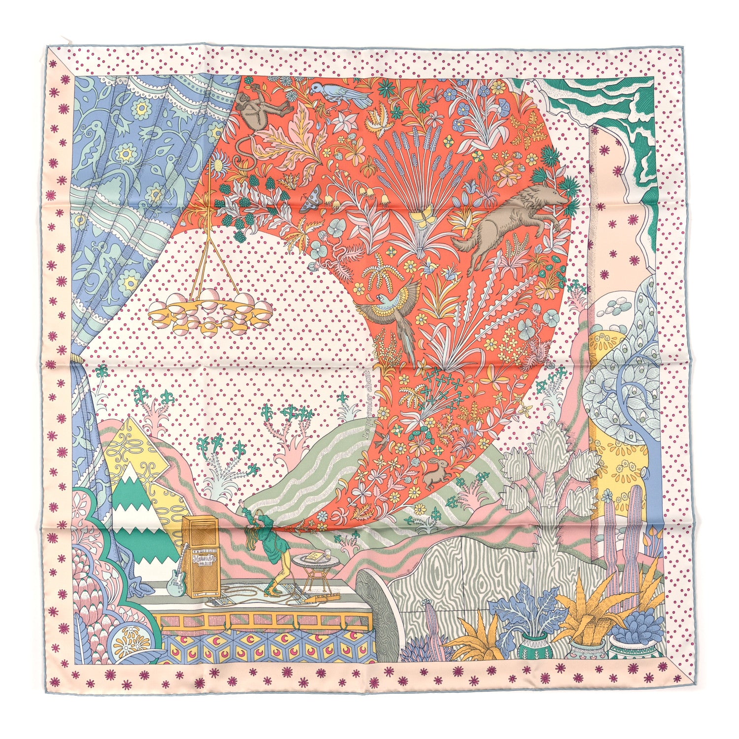 Hermes Silk Le Premier Chant Scarf 90 Abricot Ciel Vert 1 of 3