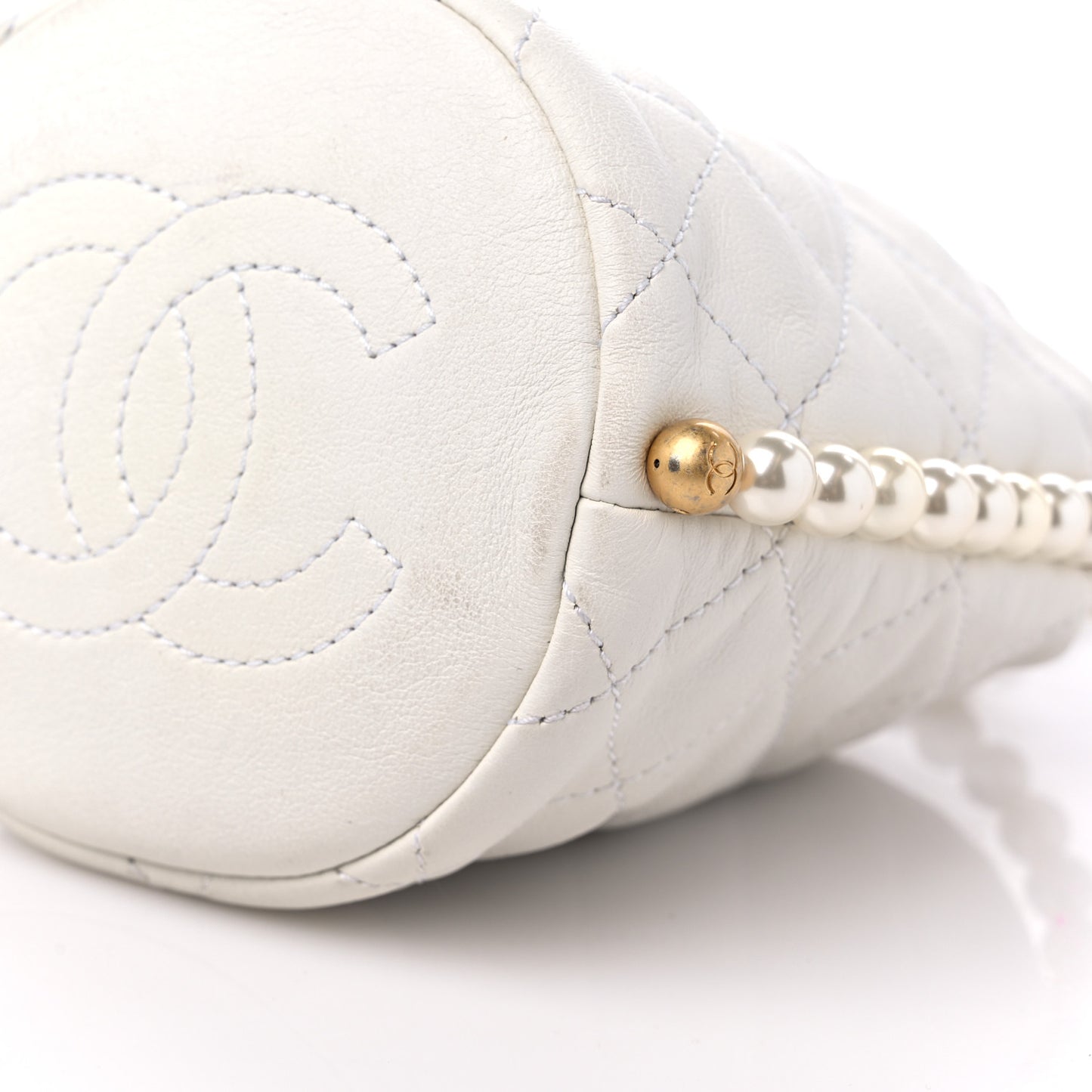 Calfskin Quilted Pearl Mini About Pearls Drawstring Bucket Bag White