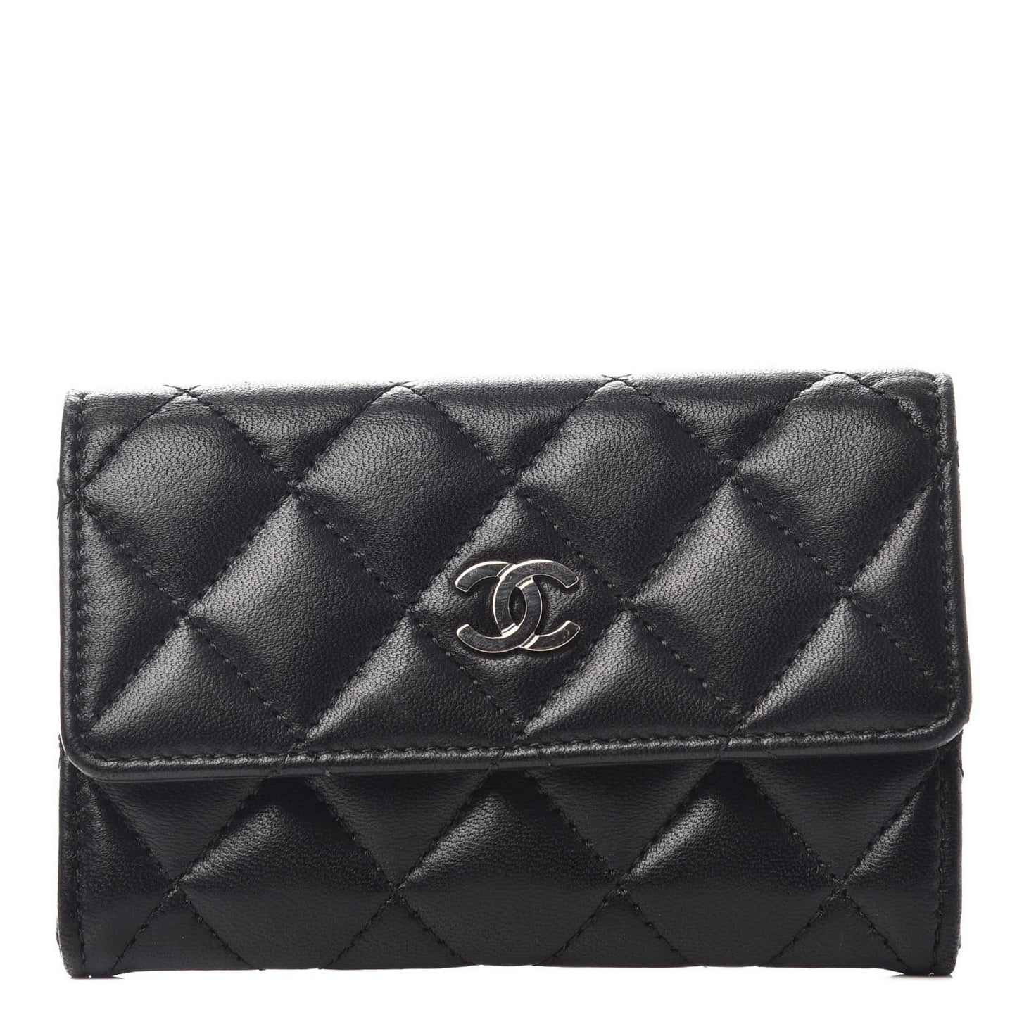Lambskin Quilted Flap Card Holder Black