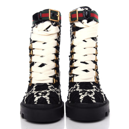 Gucci Tweed GG Monogram Lace Up Combat Ankle Boots 35 Black 2 of 11