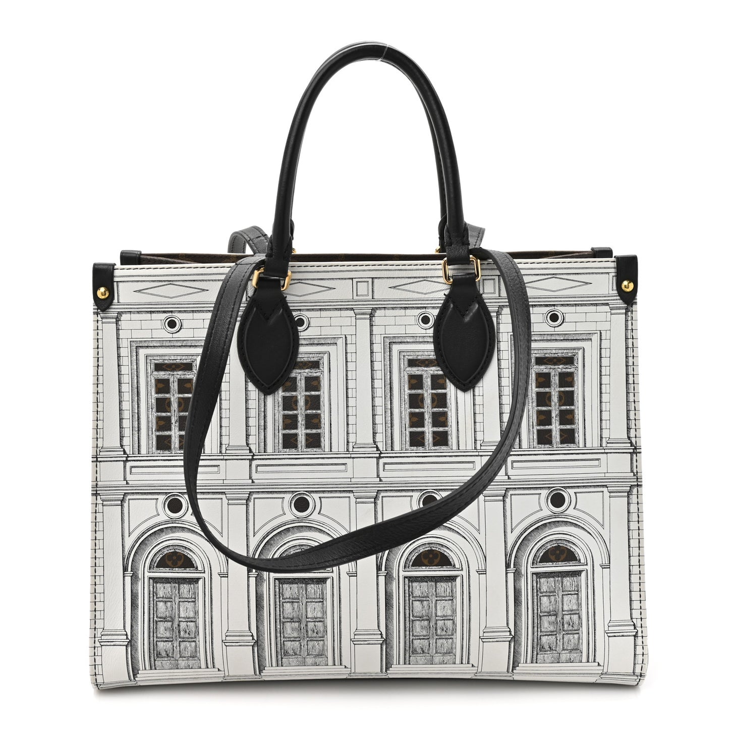 X FORNASETTI Calfskin Architettura Onthego MM Black White