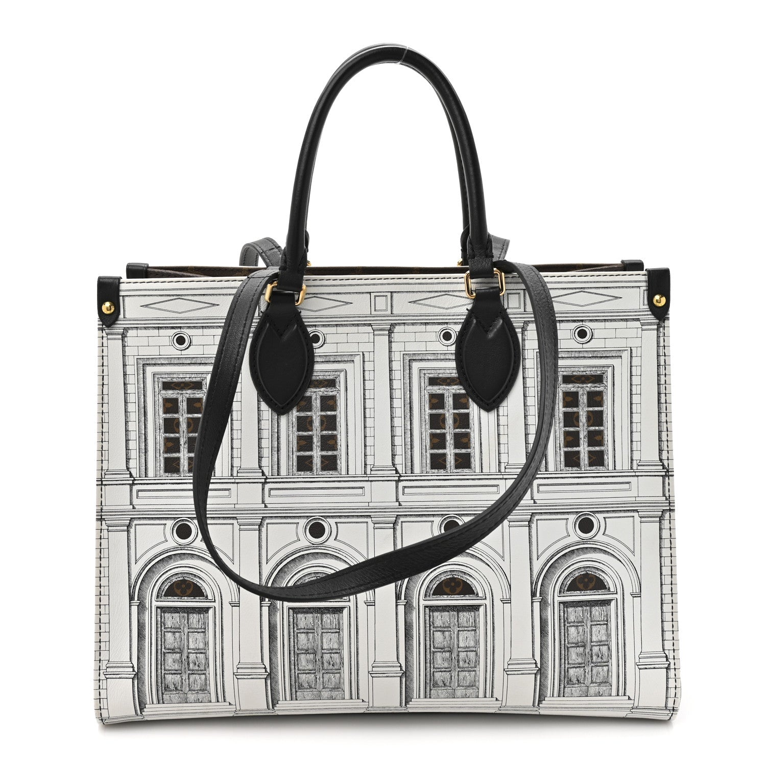 Louis Vuitton X FORNASETTI Calfskin Architettura Onthego MM Black White 1 of 17
