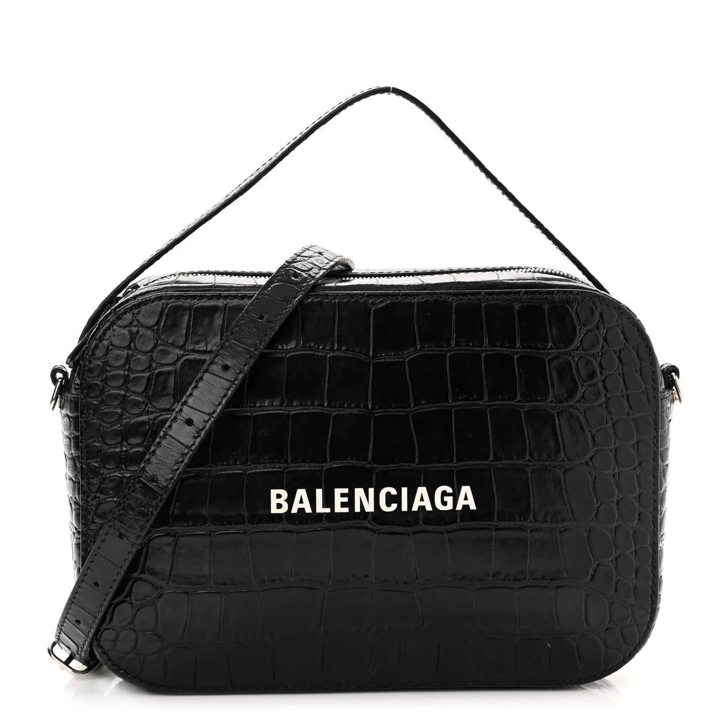Shiny Calfskin Logo Crocodile Embossed S Everyday Camera Bag with Handle Black