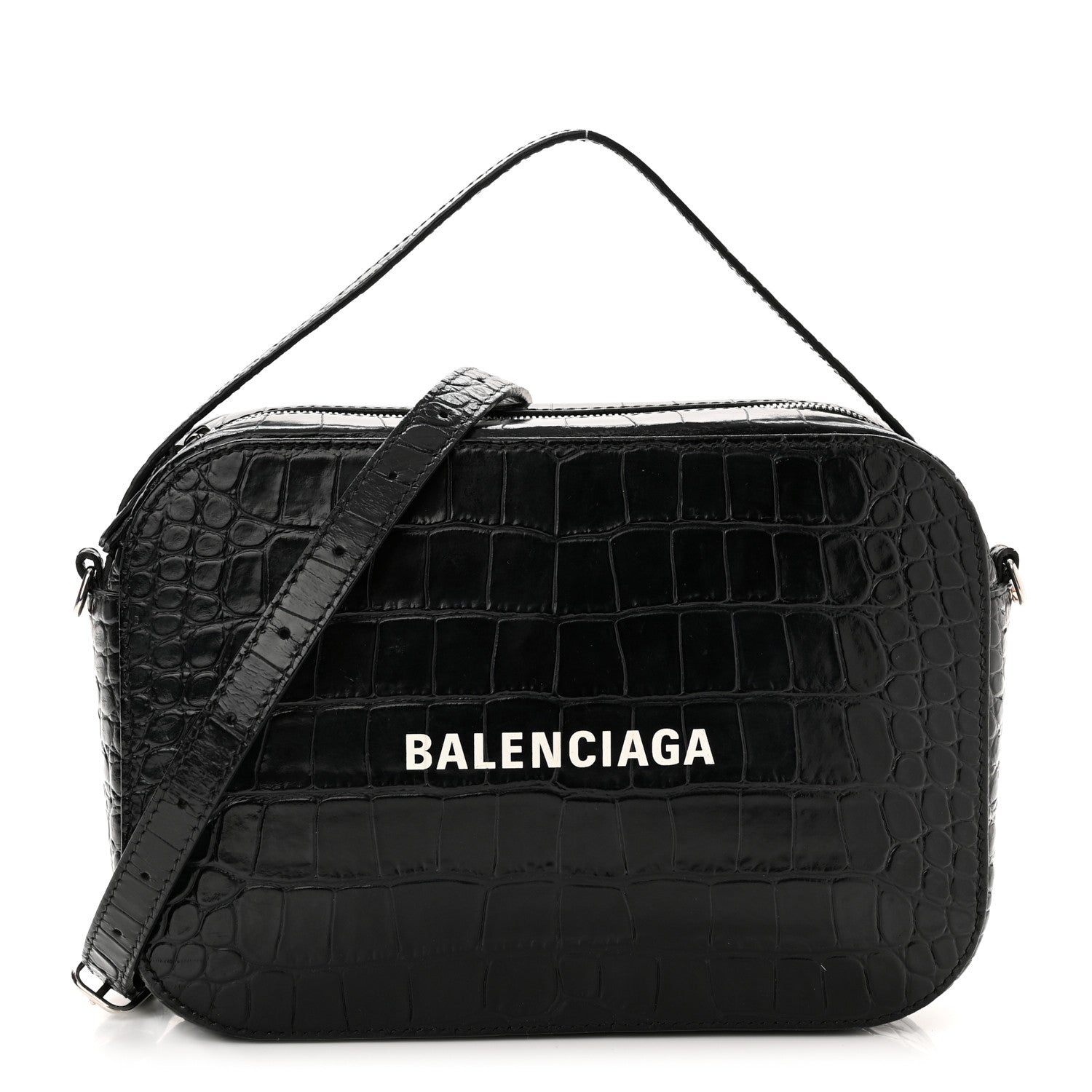 Balenciaga Shiny Calfskin Logo Crocodile Embossed S Everyday Camera Bag with Handle Black 1 of 10