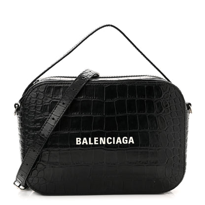 Balenciaga Shiny Calfskin Logo Crocodile Embossed S Everyday Camera Bag with Handle Black 1 of 10
