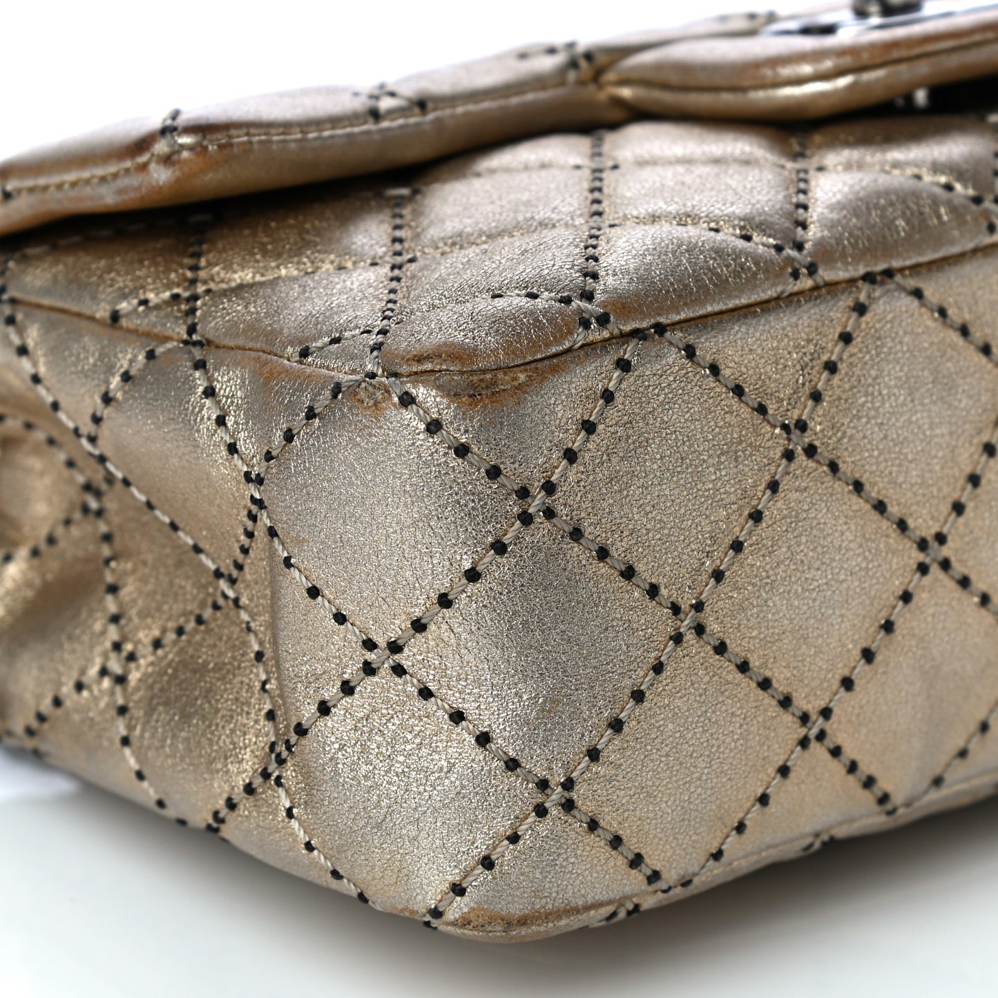 Metallic Lambskin Quilted Side Stitch Mini Rectangular Flap Gold