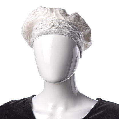 Chanel Cashmere Blend CC Beret Ivory Light Grey 2 of 5