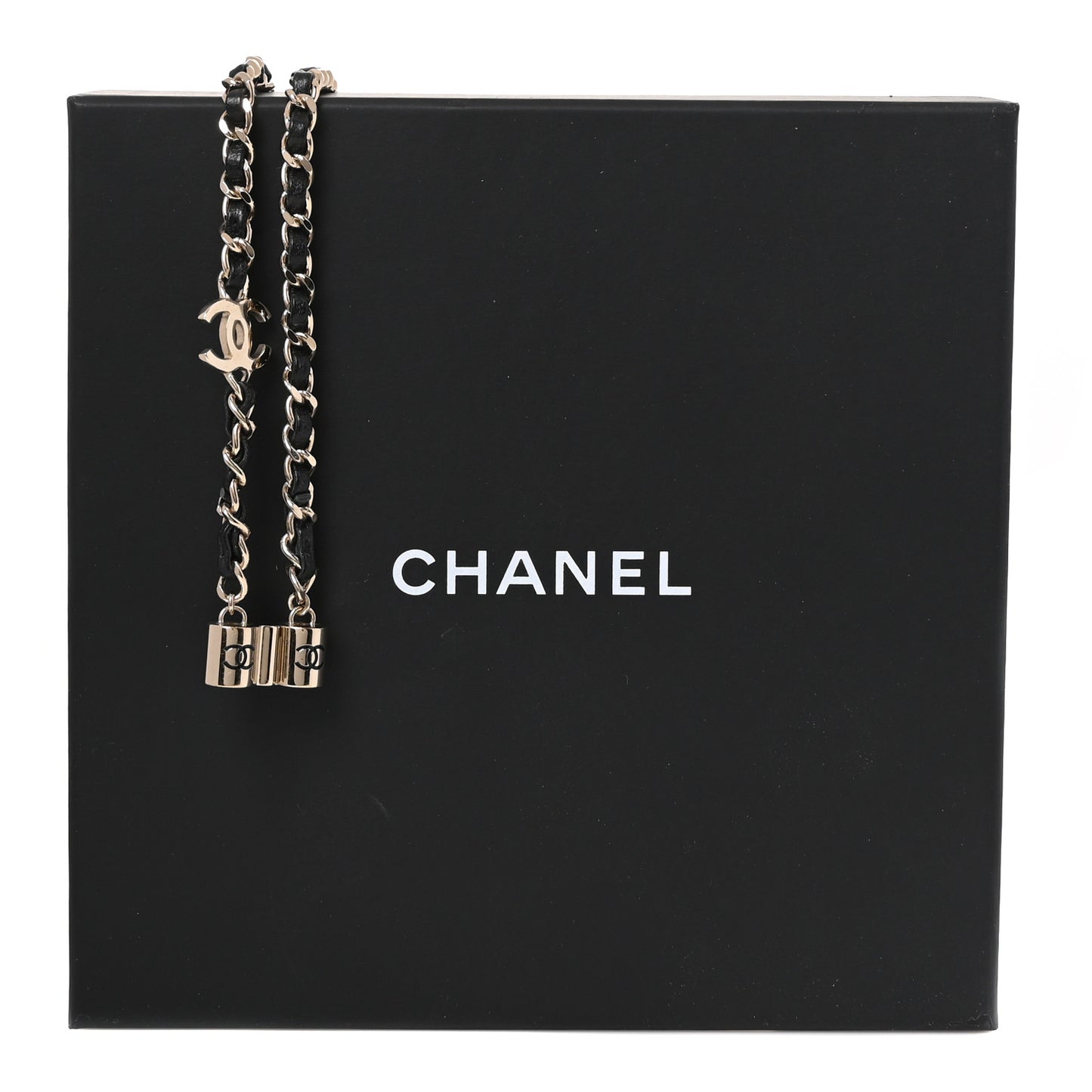 Metal Lambskin CC Airpods Necklace Gold Black