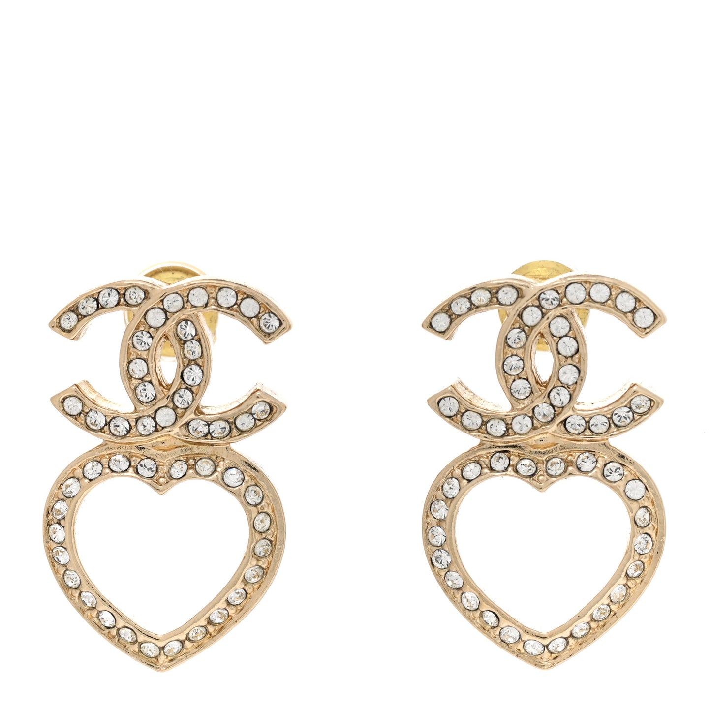 Metal Crystal CC Heart Drop Earrings Gold