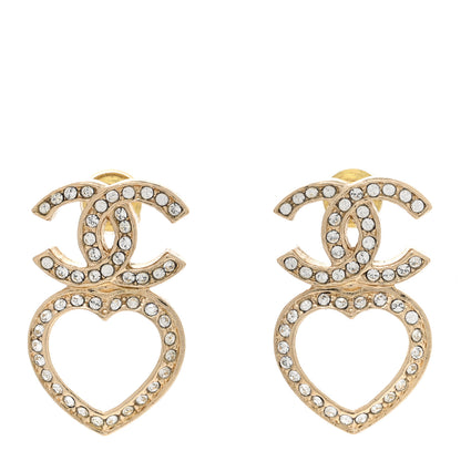 Chanel Metal Crystal CC Heart Drop Earrings Gold 1 of 5