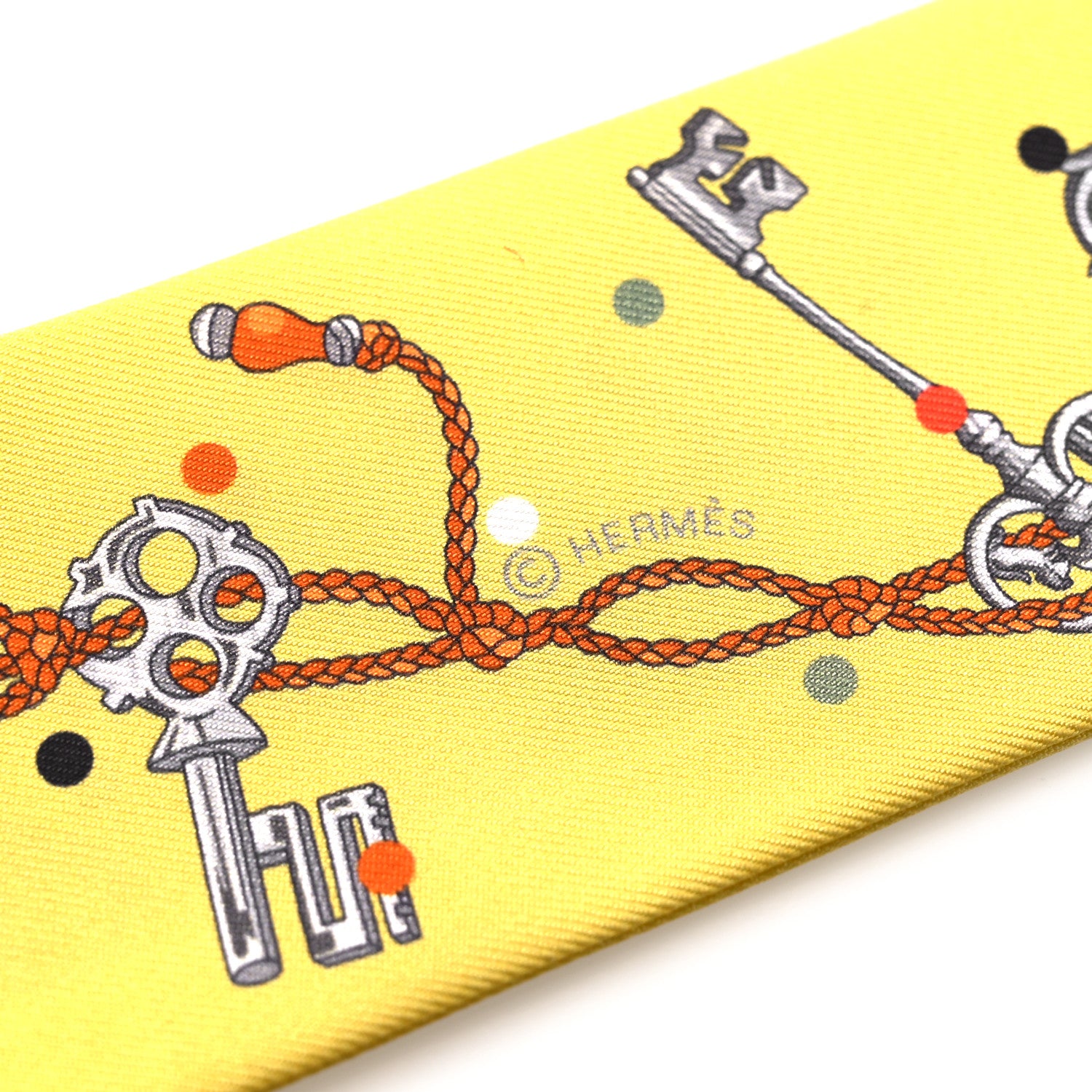 Hermes Silk Calfskin Les Cles A Pois Fringed Twilly Jaune Argent