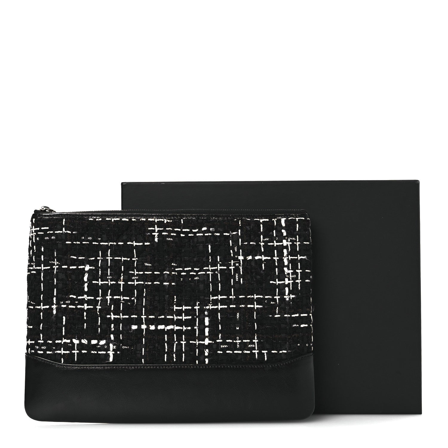 Chanel Tweed Calfskin Quilted Medium Cosmetic Pouch Black White 11 of 11