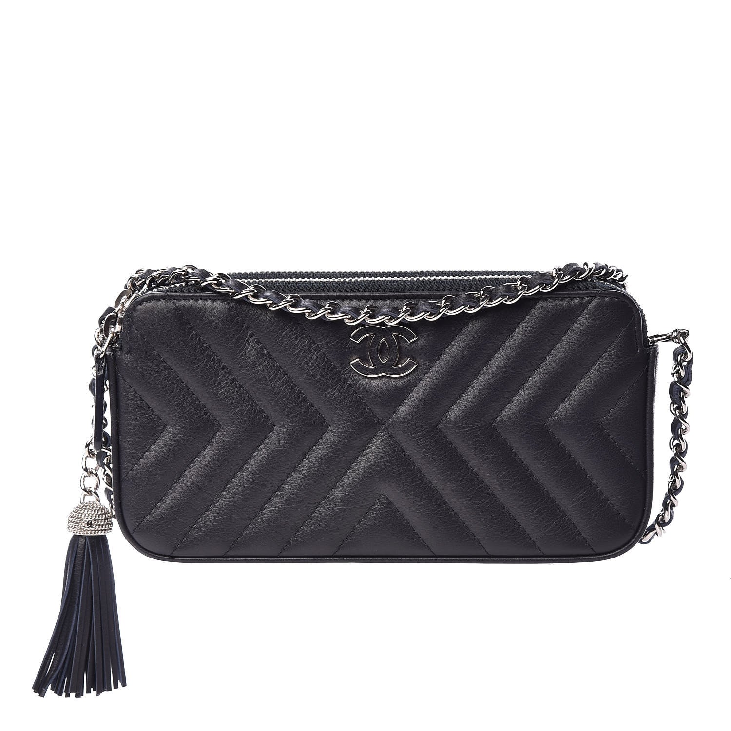 Chanel Calfskin Chevron Quilted Tassel Clutch With Chain Navy 1 of 13
