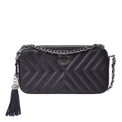 Chanel Calfskin Chevron Quilted Tassel Clutch With Chain Navy 1 of 13