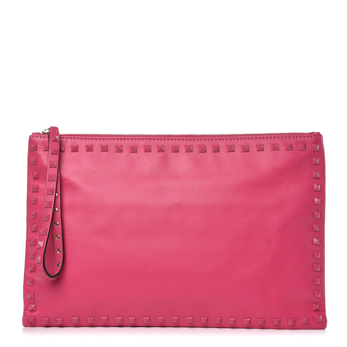 Vitello Monochrome Large Rockstud Zip Wristlet Pouch Pop Fuxia