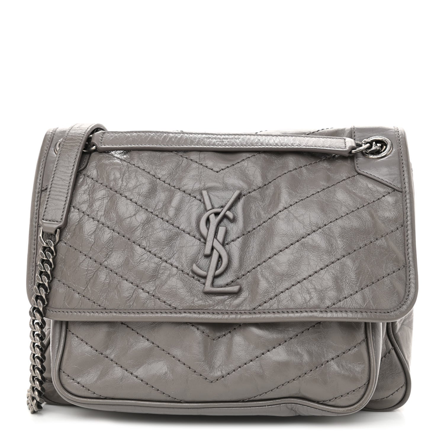 Saint Laurent Crinkled Calfskin Matelasse Monogram Medium Niki Chain Satchel Fog 1 of 8