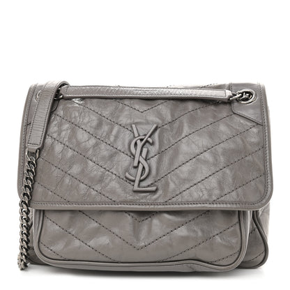Saint Laurent Crinkled Calfskin Matelasse Monogram Medium Niki Chain Satchel Fog 1 of 8