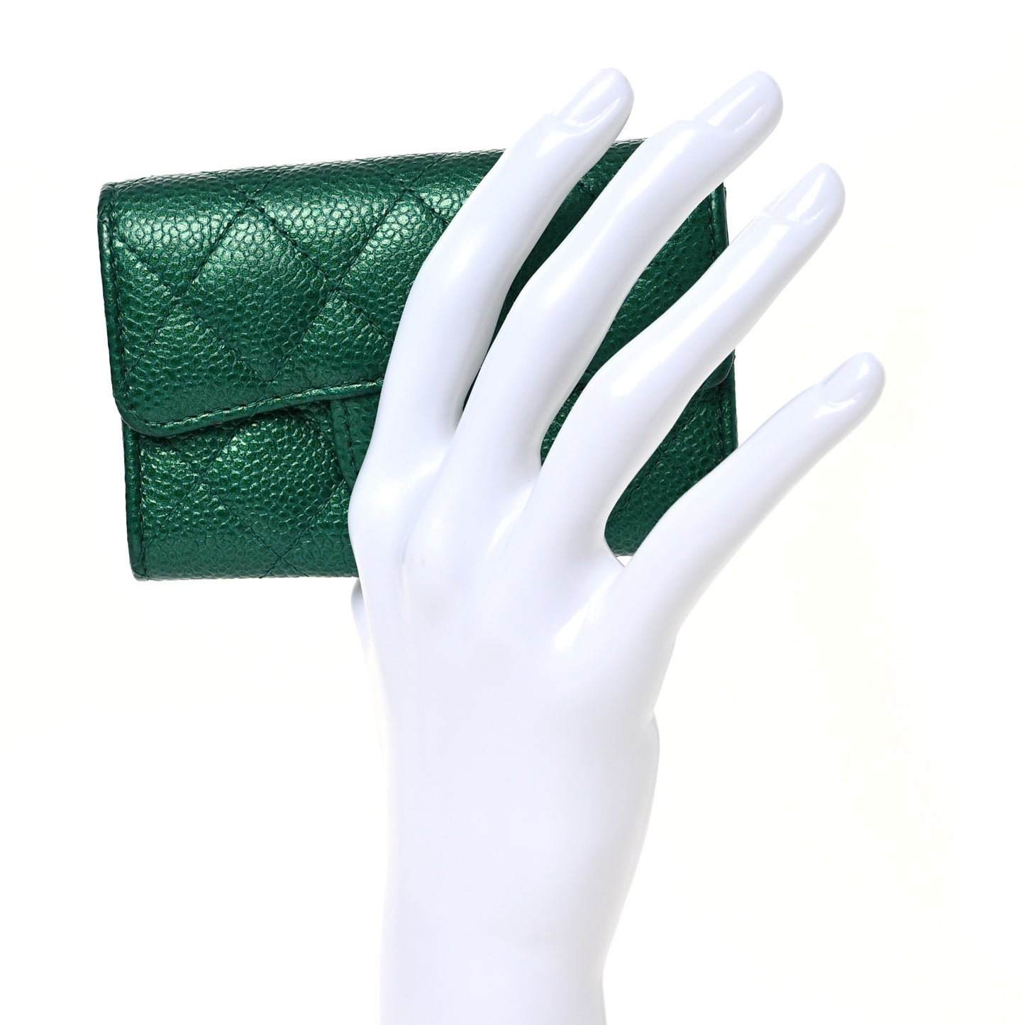 Metallic Caviar Quilted Flap Card Holder Wallet Green