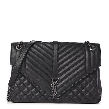 Saint Laurent Calfskin Mixed Matelasse Triquilt Large Monogram Satchel Black 1 of 10