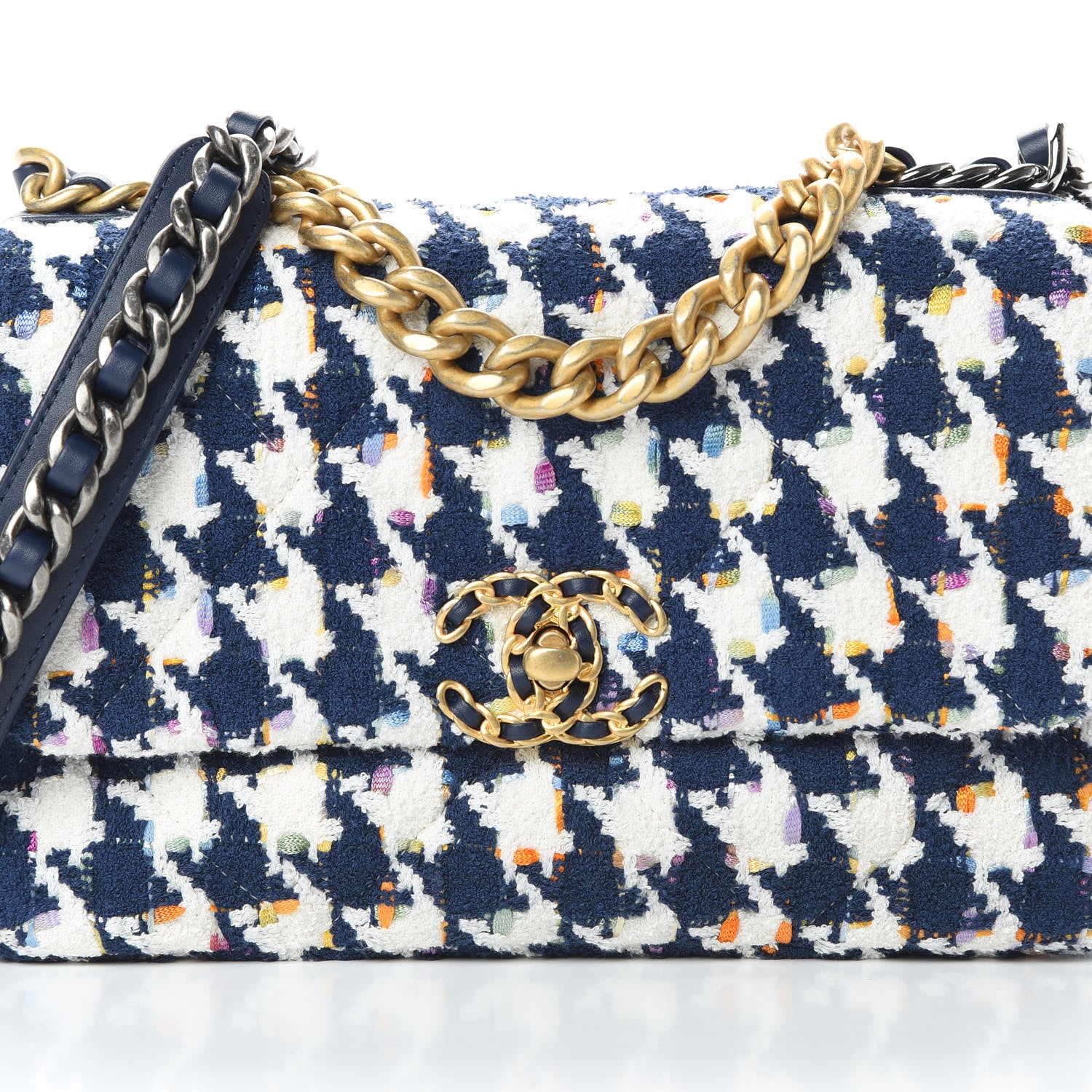 Chanel Tweed Quilted Medium Chanel 19 Flap Ecru Navy Blue Multicolor 8 of 10