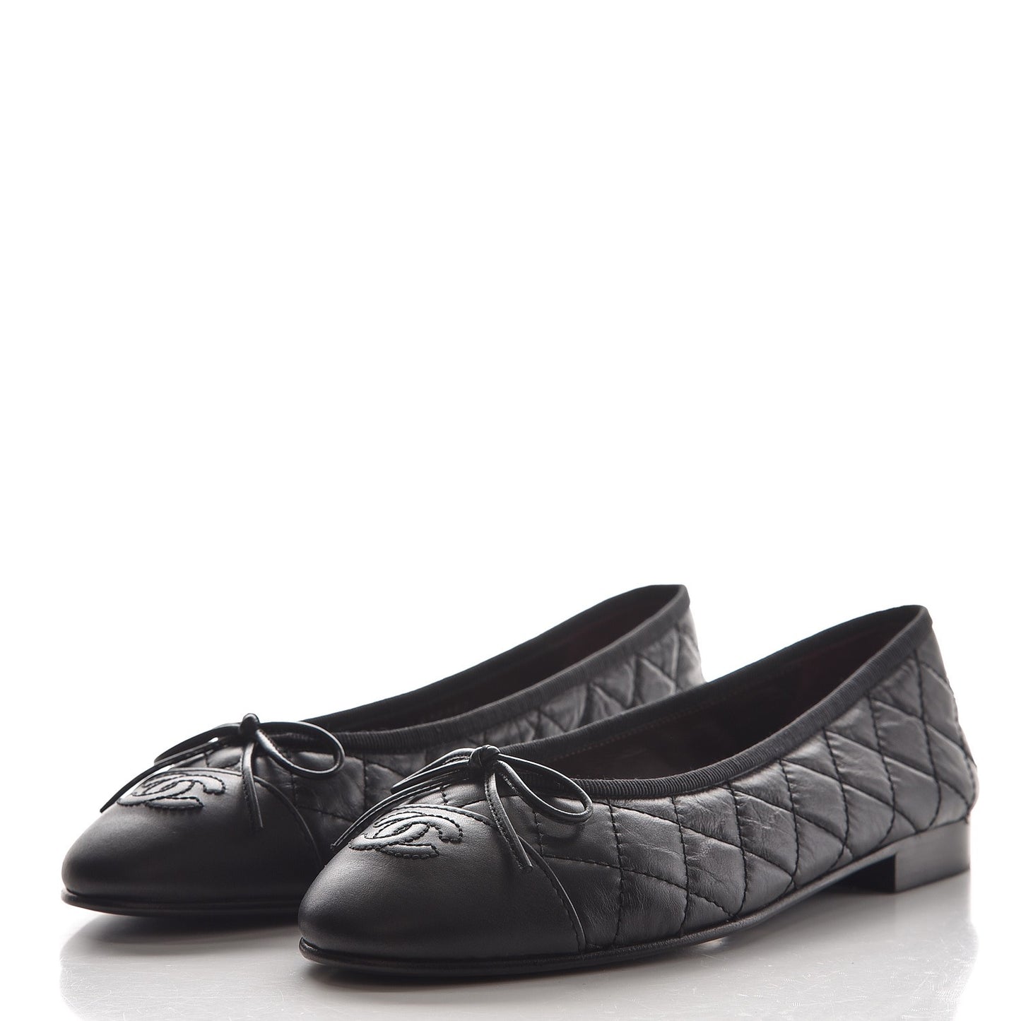 Aged Calfskin Quilted Cap Toe Ballerina Flats 37.5 Black