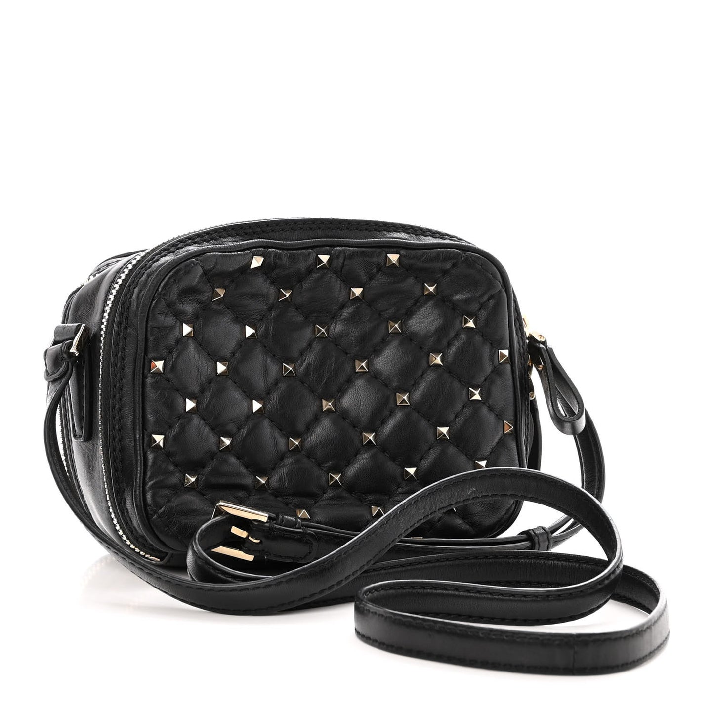 Nappa Rockstud Spike Double Zip Camera Crossbody Bag Black