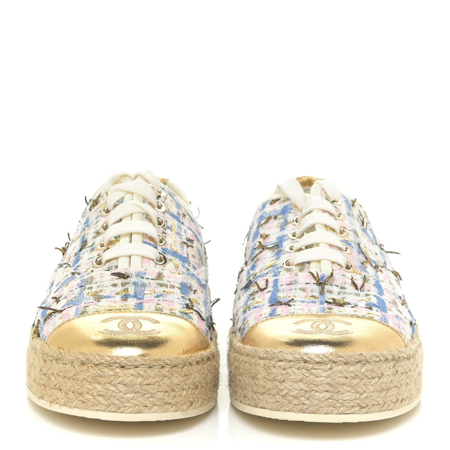 Tweed Laminated Lambskin Lace Up Espadrilles 35 Pink Blue Gold White