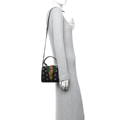 Gucci Textured Calfskin Bee Star Print Mini Sylvie Top Handle Bag Black 2 of 10