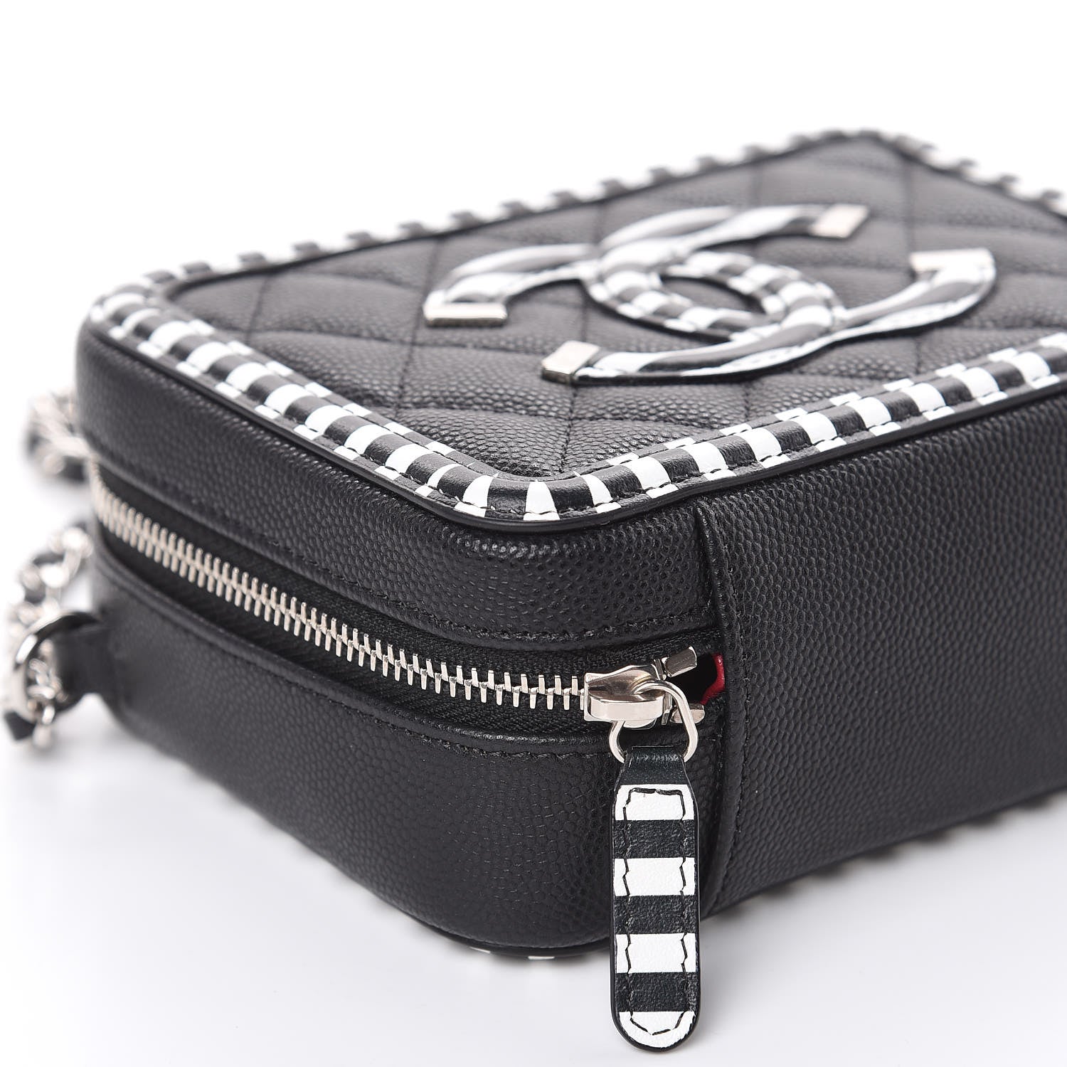 Chanel Caviar Quilted Striped Filigree Vanity Clutch With Chain Black White 8 of 9