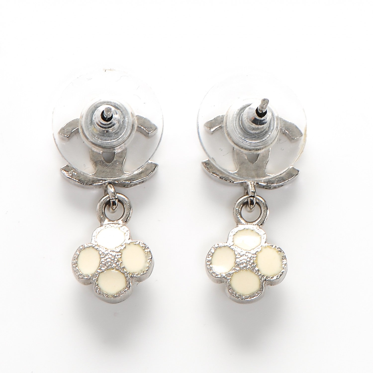 Chanel Enamel CC Camellia Drop Earrings Silver 3 of 3