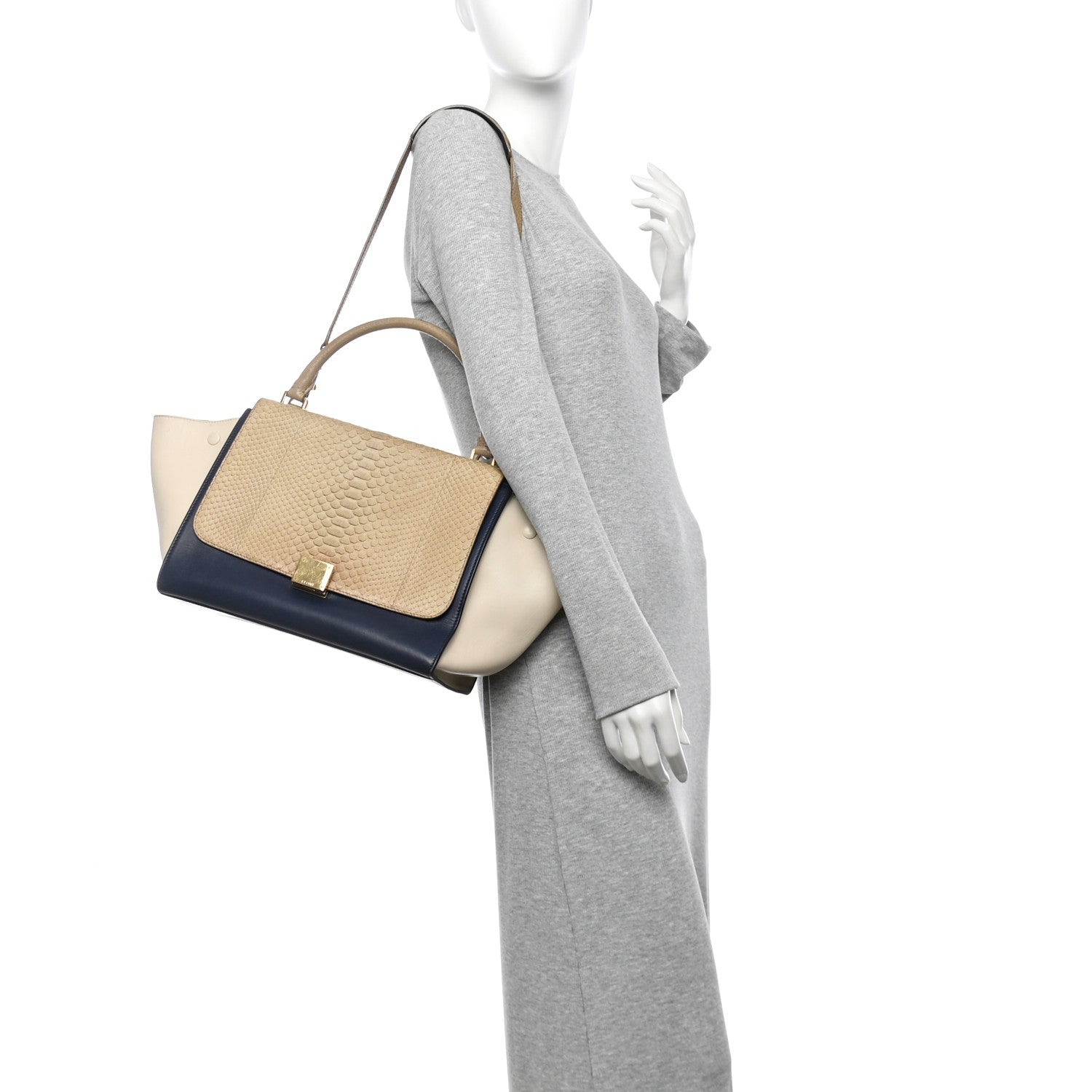 Celine Snakeskin Calfskin Medium Trapeze Natural Navy Blue 2 of 17