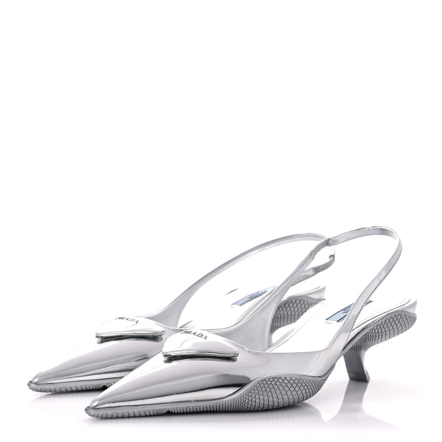 Spazzolato Triangle Logo Pointed Toe 45mm Slingback Pumps 37.5 Argento