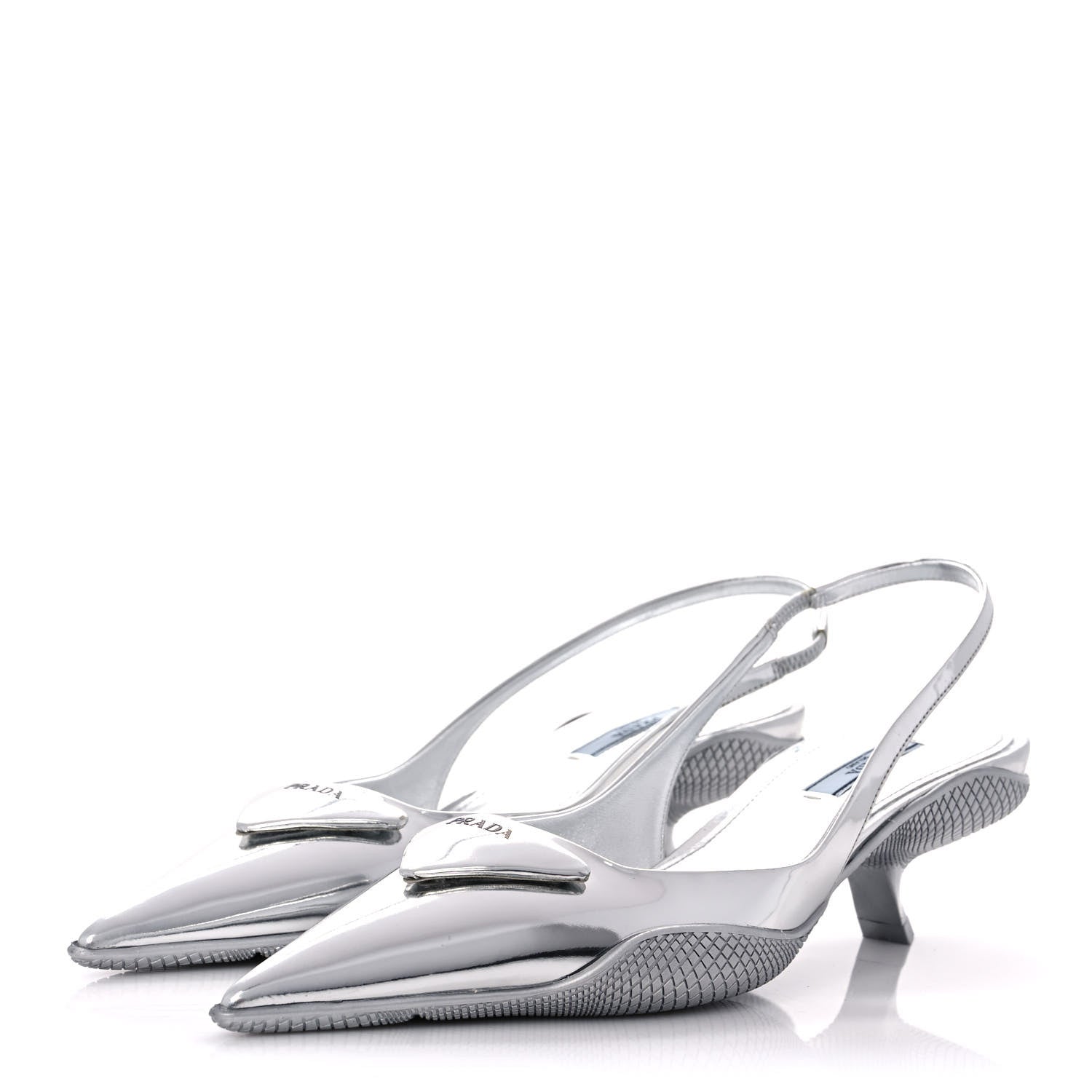 Prada Spazzolato Triangle Logo Pointed Toe 45mm Slingback Pumps 37.5 Argento 3 of 10