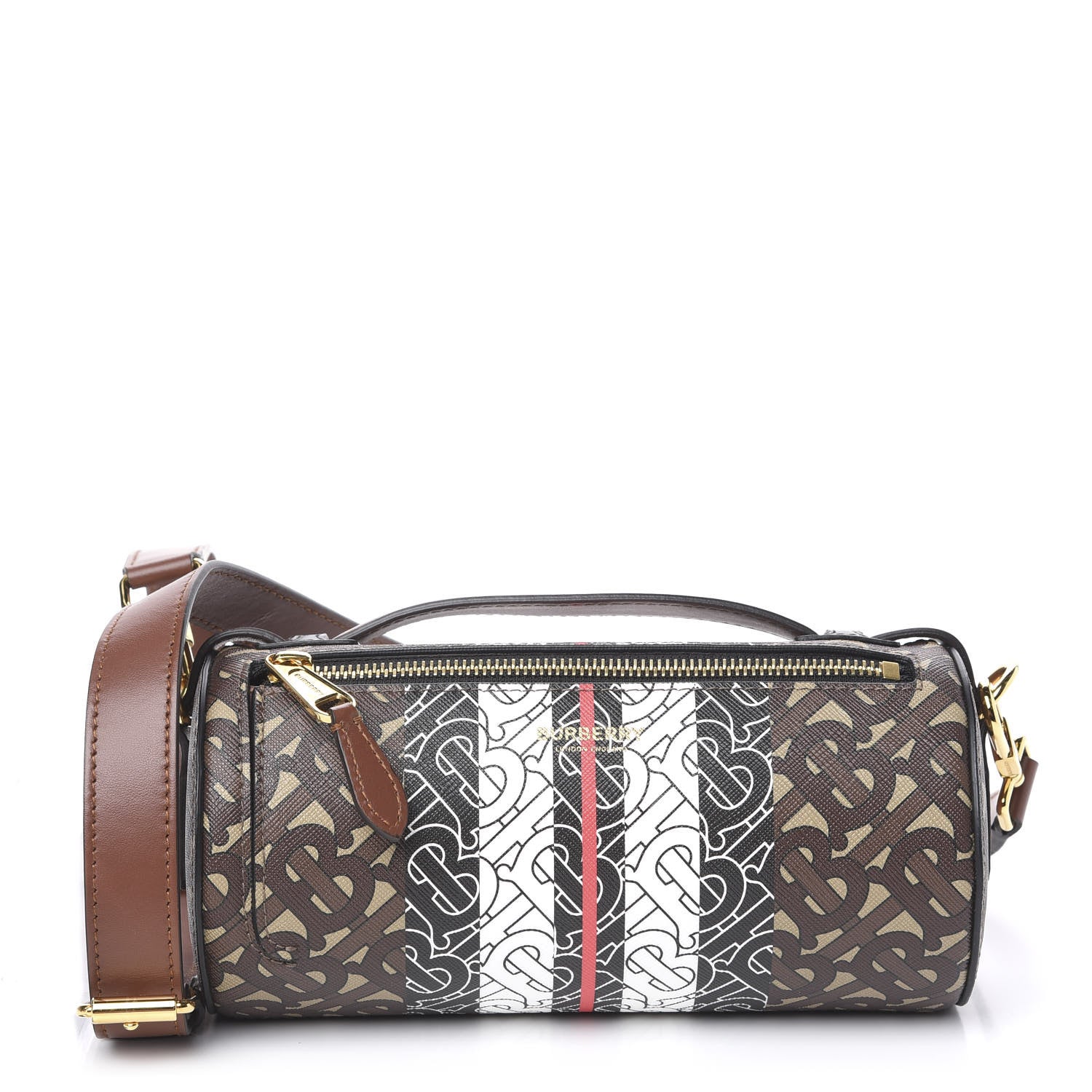 Burberry E-Canvas Monogram Stripe The Barrel Bag Bridle Brown 1 of 10