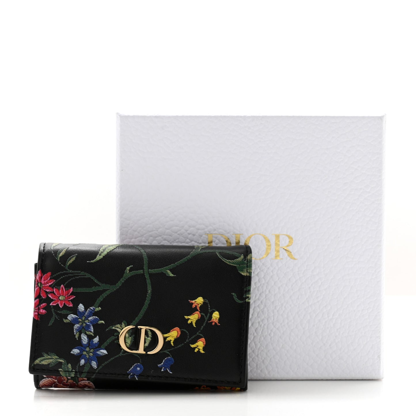 Calfskin Petites Fleurs Print Caro XS Wallet Black Multicolor