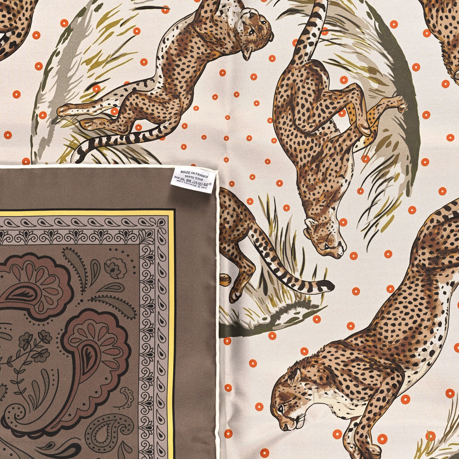 Hermes Silk Guepards Bandana Double Face Scarf 90 Gris Perle