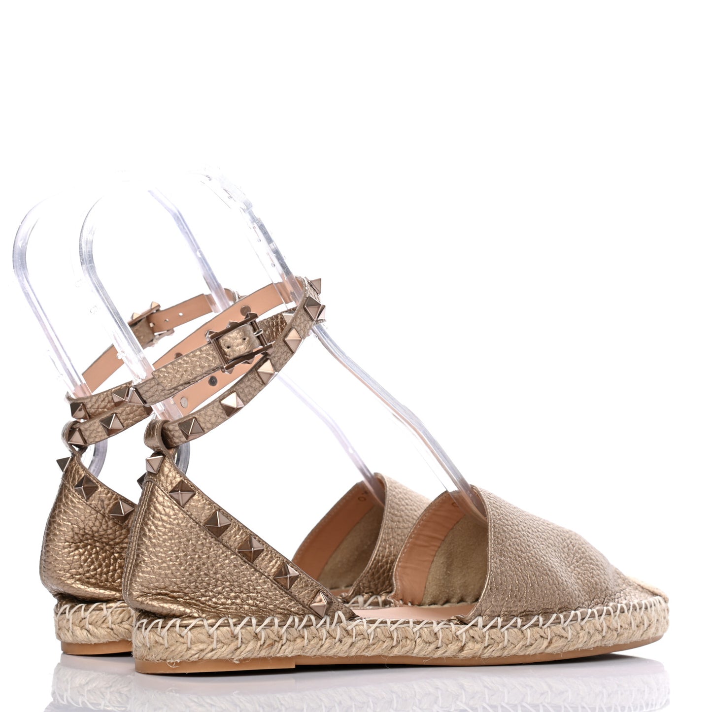Metallic Grained Calfskin Rockstud Ankle Wrap Espadrille 20mm Flats 37 Skin Natural