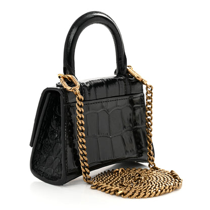 Balenciaga Shiny Calfskin Crocodile Embossed Hourglass Top Handle Bag Mini with Chain Black 3 of 9