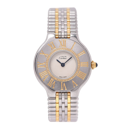Cartier Stainless Steel 18K Yellow Gold 28mm Must De 21 Bullet Link Quartz Watch 1 of 10