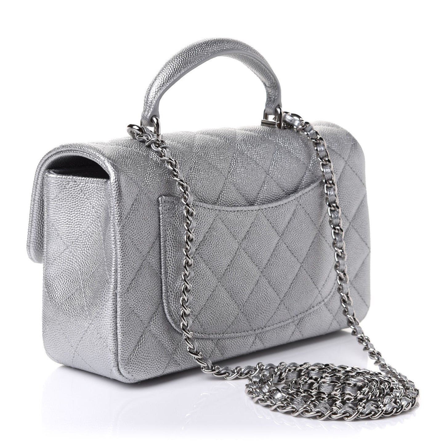 Metallic Caviar Quilted Mini Top Handle Rectangular Flap Silver