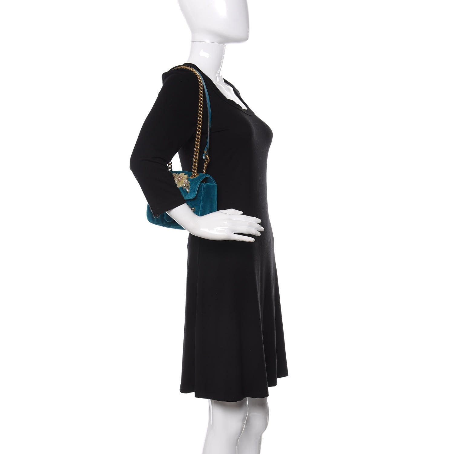 Gucci Velvet Matelasse Embroidered Mini GG Marmont Shoulder Bag Pavone Cyan 2 of 10