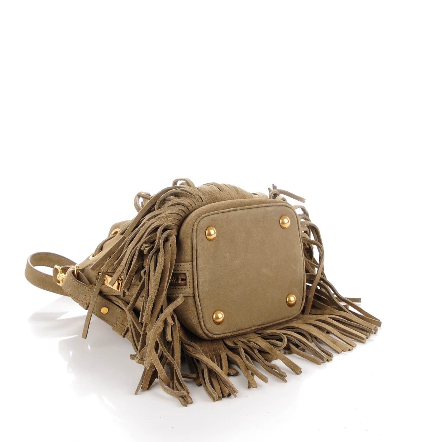 Saint Laurent Suede Calfskin Small Emmanuelle Fringe Bucket Bag Khaki 4 of 7