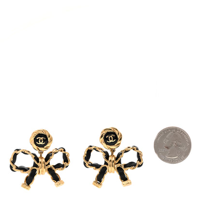 Chanel Lambskin Chain Bow Drop Earrings Black Gold 2 of 4