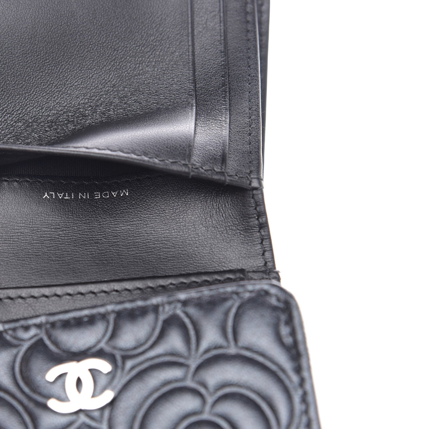 Chanel Goatskin Camellia Embossed Compact Wallet Black 7 of 10