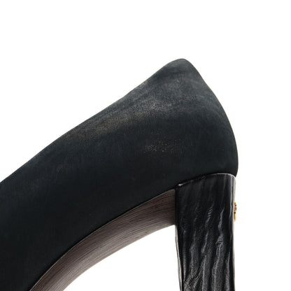 Chanel Wax Suede Wood Pumps 38 Black Brown 9 of 9