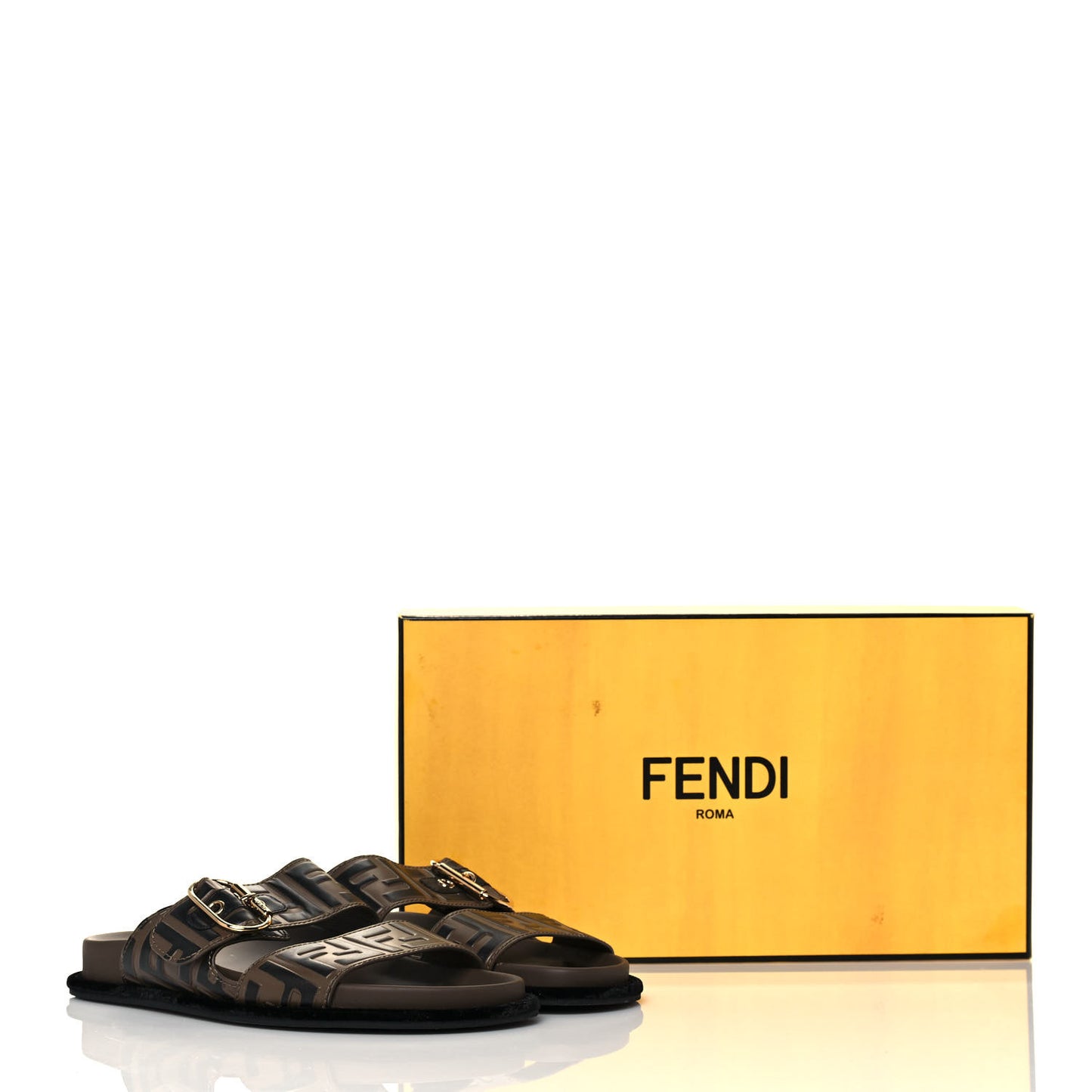 Calfskin FF Embossed Pearland Slide Sandals 37.5 Tobacco Moro